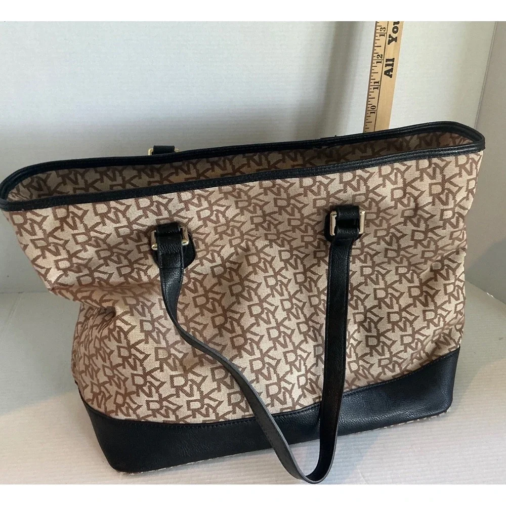 DKNY Tote Bag Monogram Logo Canvas Black Leather Trim Large Shoulder Bag Handbag
